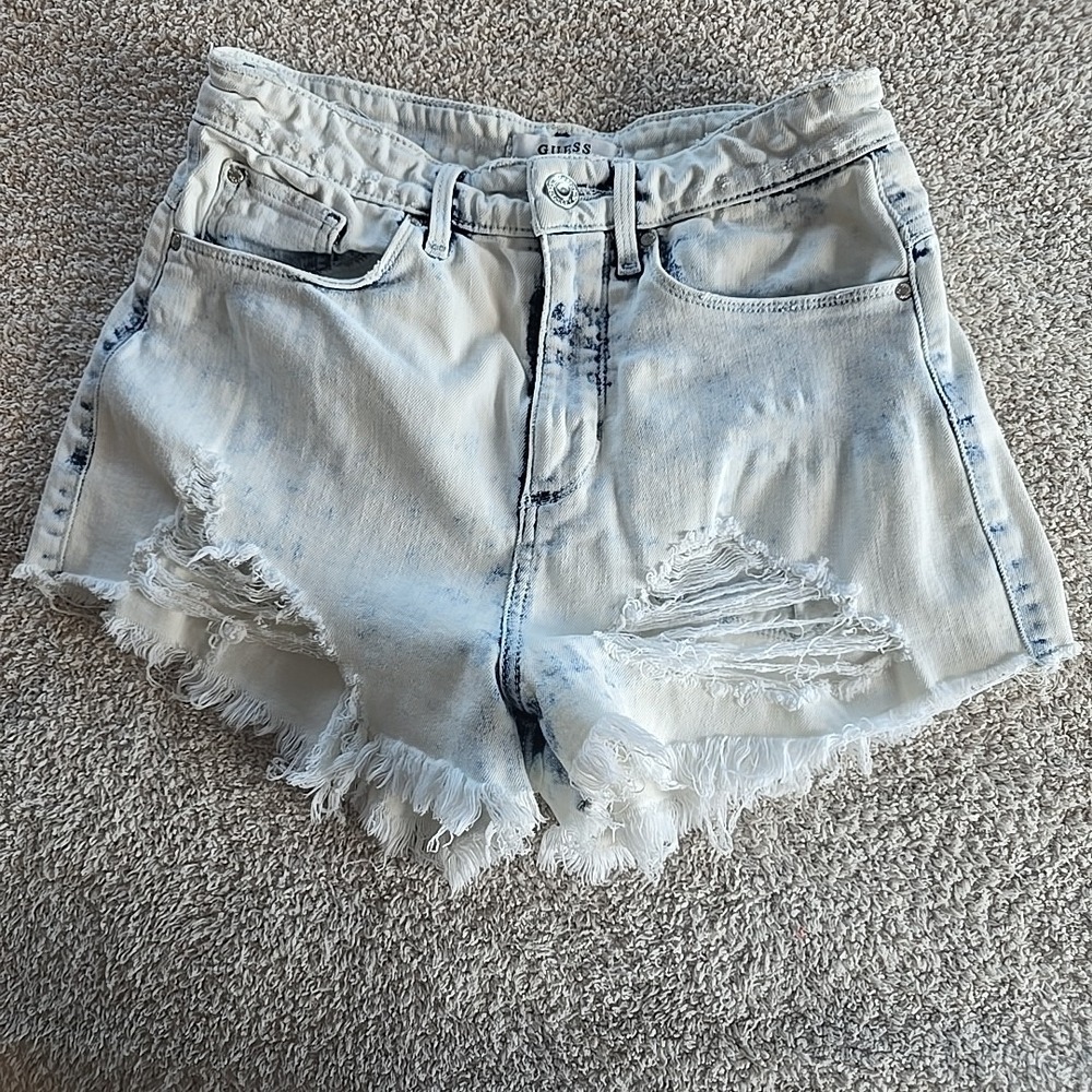 Guess Towel Bleached Denim Shorts Distressed Acid Wash Rough Hem Sz 28 Y2K 90s